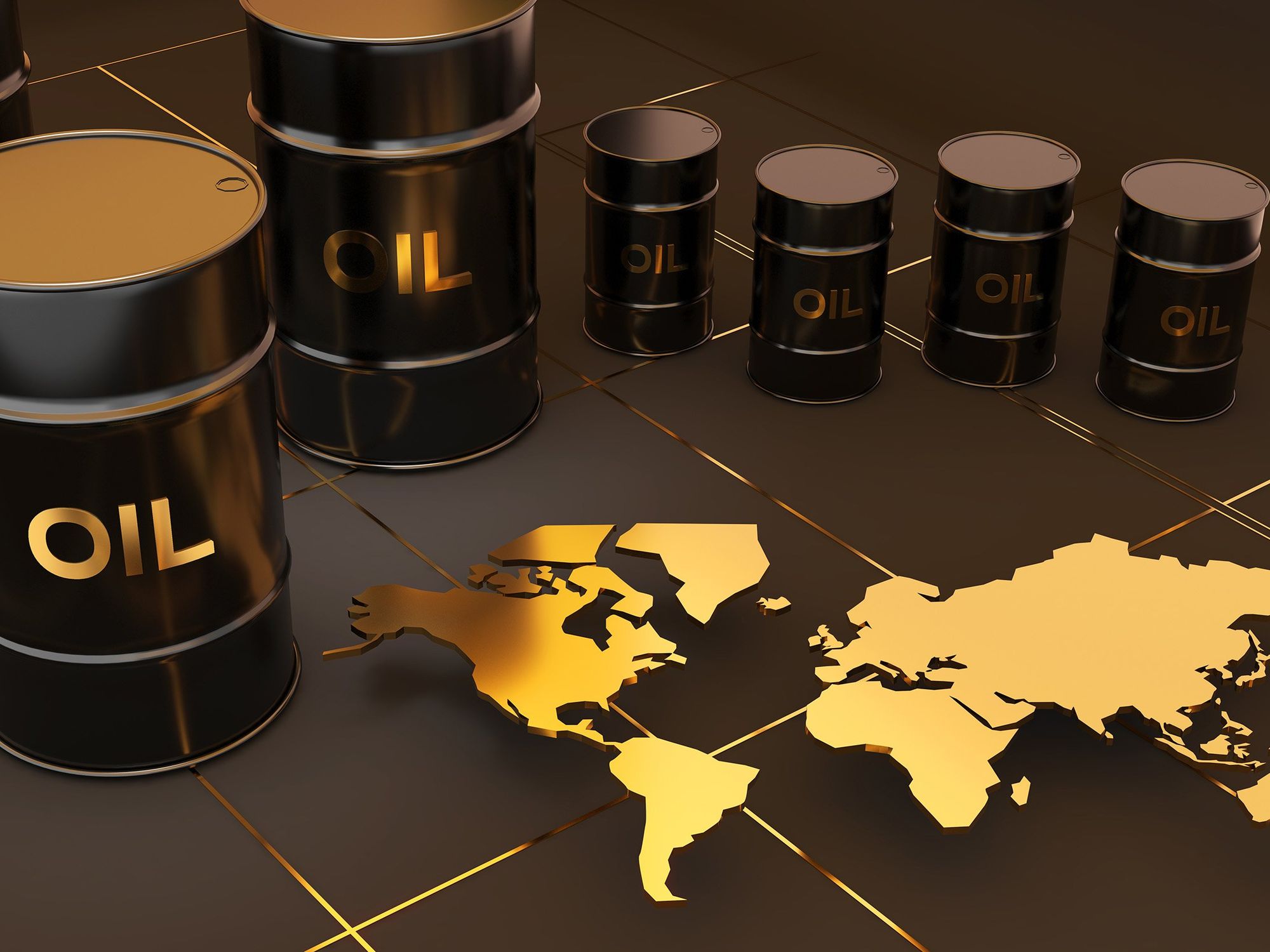 Oil barrels arranged against a black background with a golden world map overlay