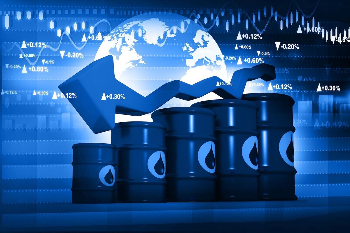 Oil barrels with arrow, world map and financial charts in the background.