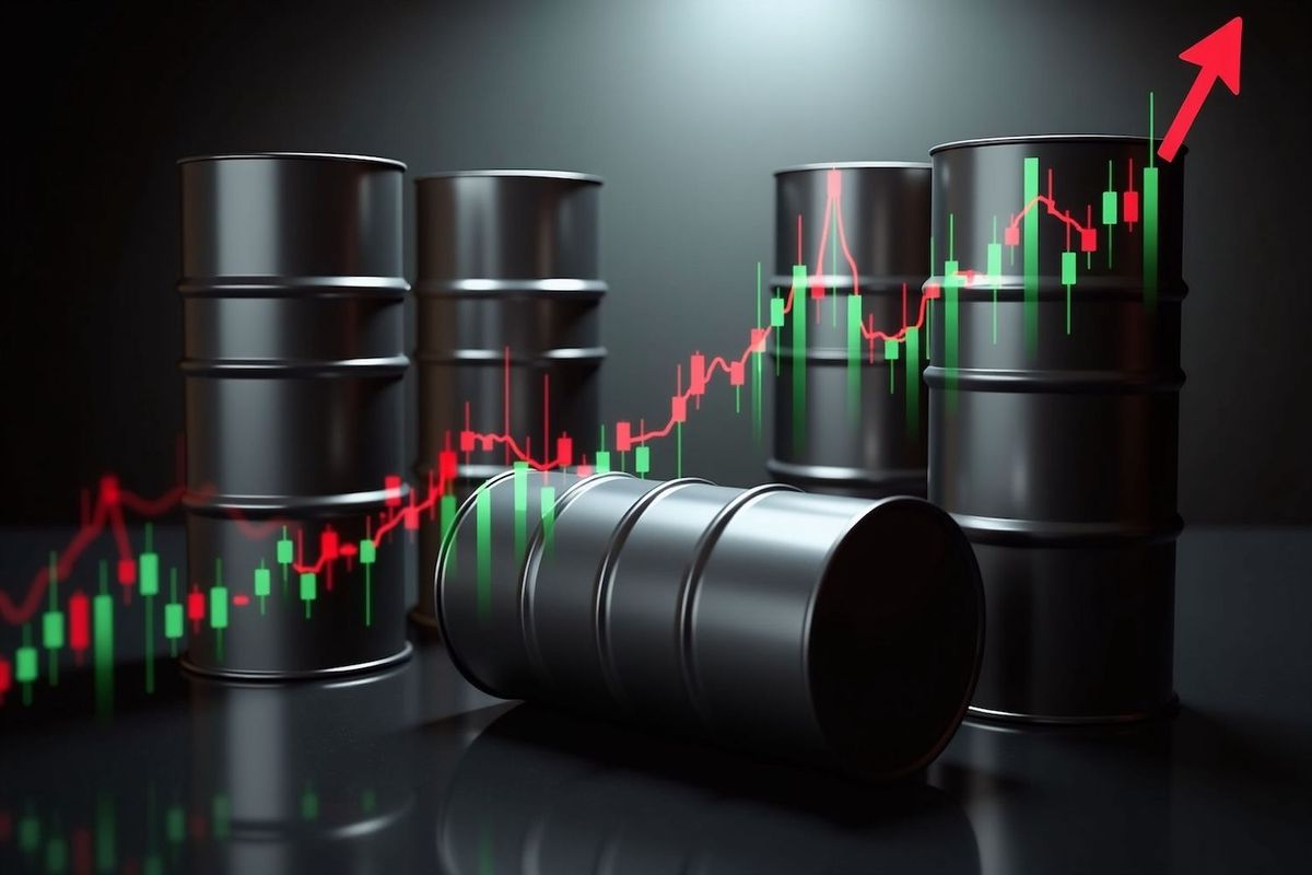 Oil barrels with rising financial graphs and arrow, indicating increased oil prices.