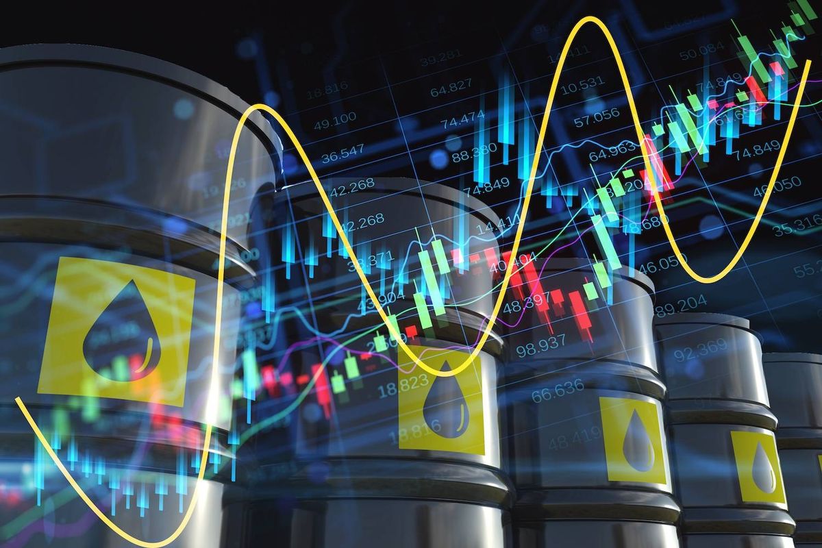 Oil barrels with yellow droplet symbols overlaid by colorful stock market graphs and fluctuating price data.