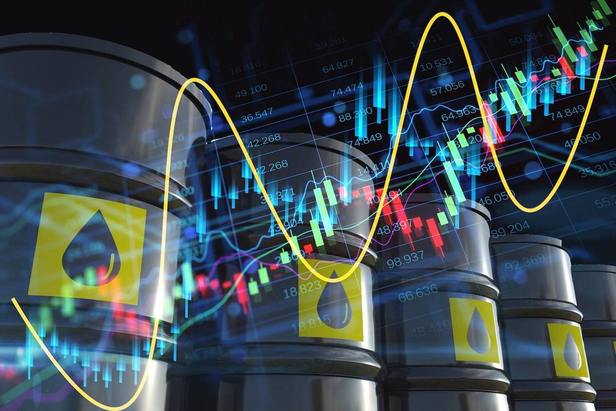 Oil barrels with yellow droplet symbols overlaid by colorful stock market graphs and fluctuating price data.