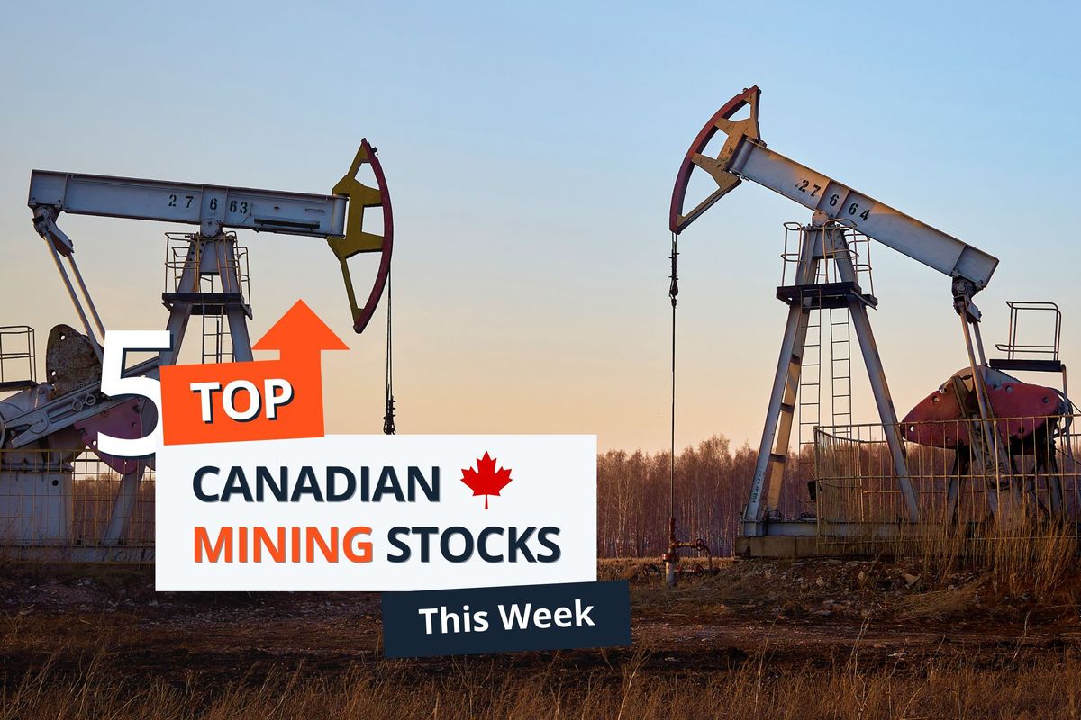 Oil pumpjacks in a field with text reading, "5 Top Canadian Mining Stocks This Week."