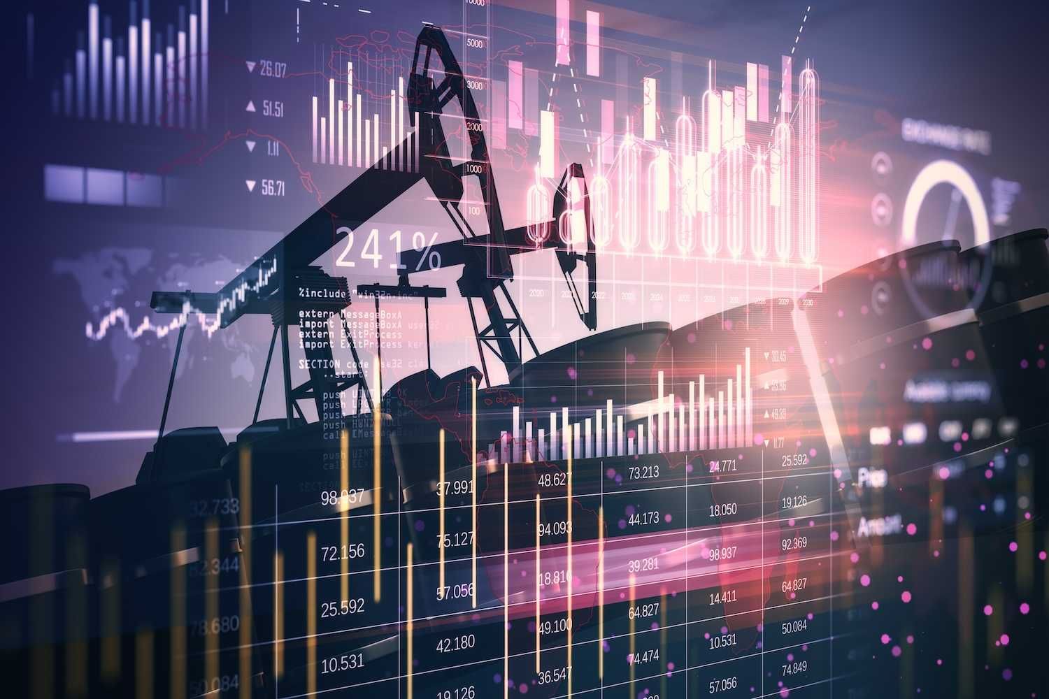 Oil pumps and stock market graphs merging in a digital overlay.