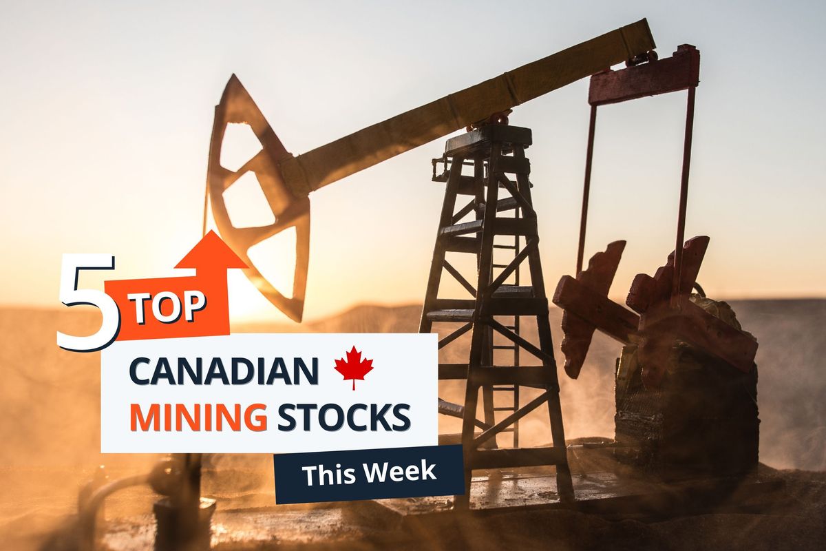 Oil rig at sunset with "5 Top Canadian Mining Stocks" text overlay.