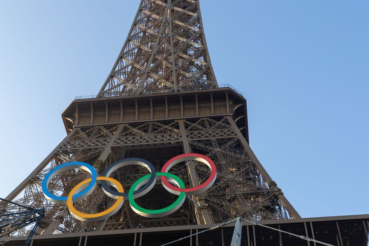 Olympic rings on the Eiffel Tower in Paris.