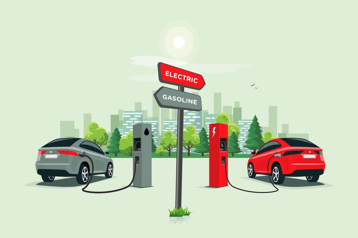 One gas powered vehicle and one electric vehicle.