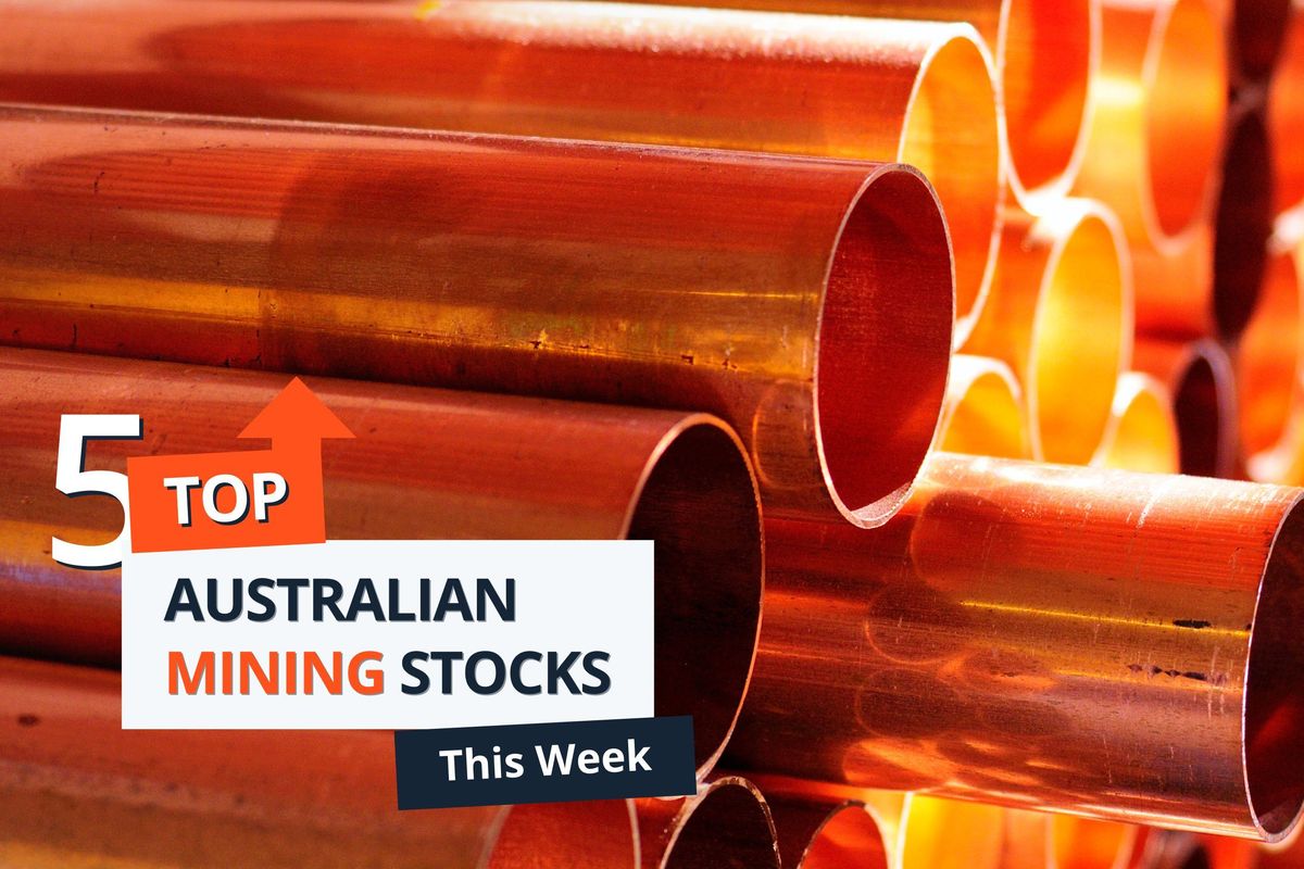Orange copper pipes with text: "5 Top Australian Mining Stocks This Week."