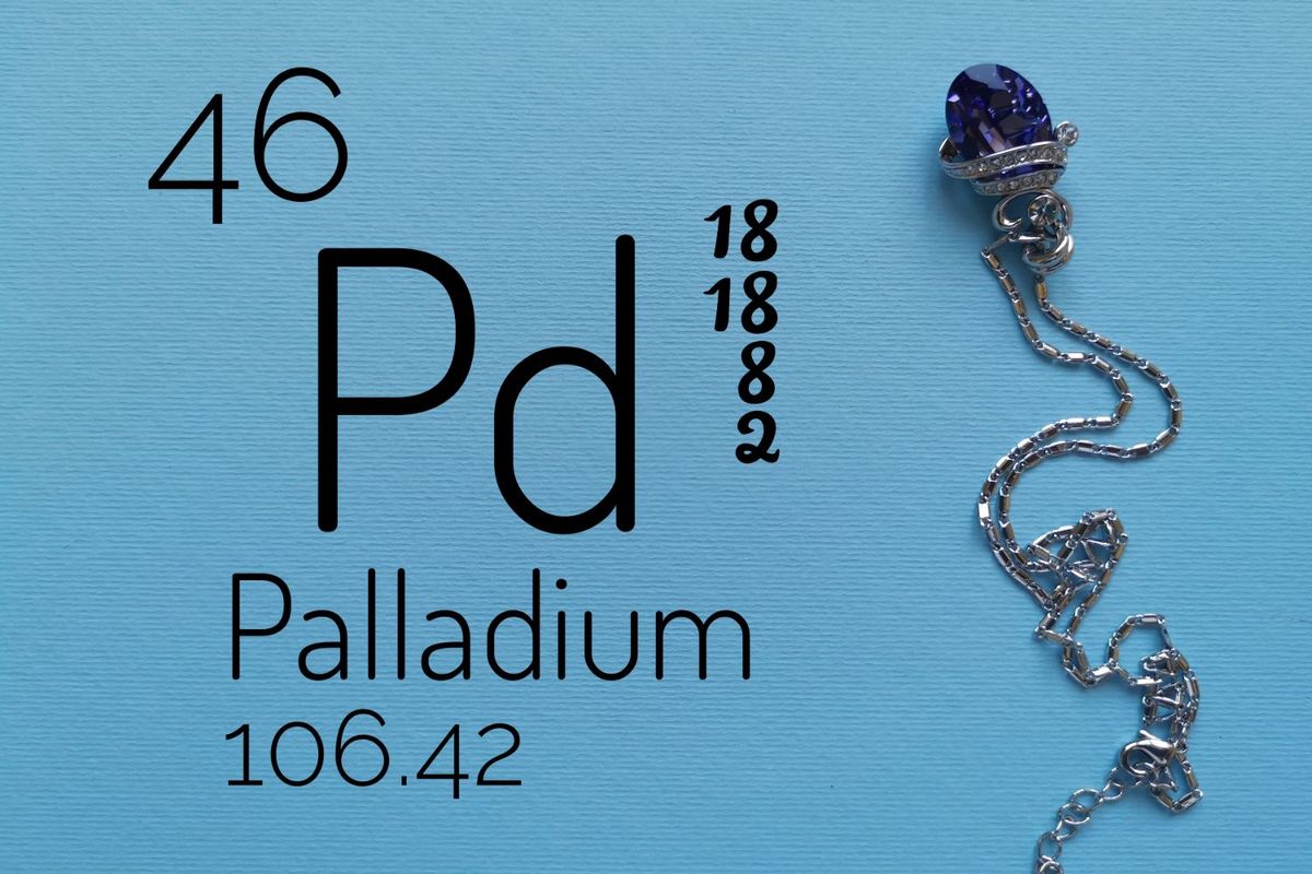 Palladium periodic symbol with jewelry.