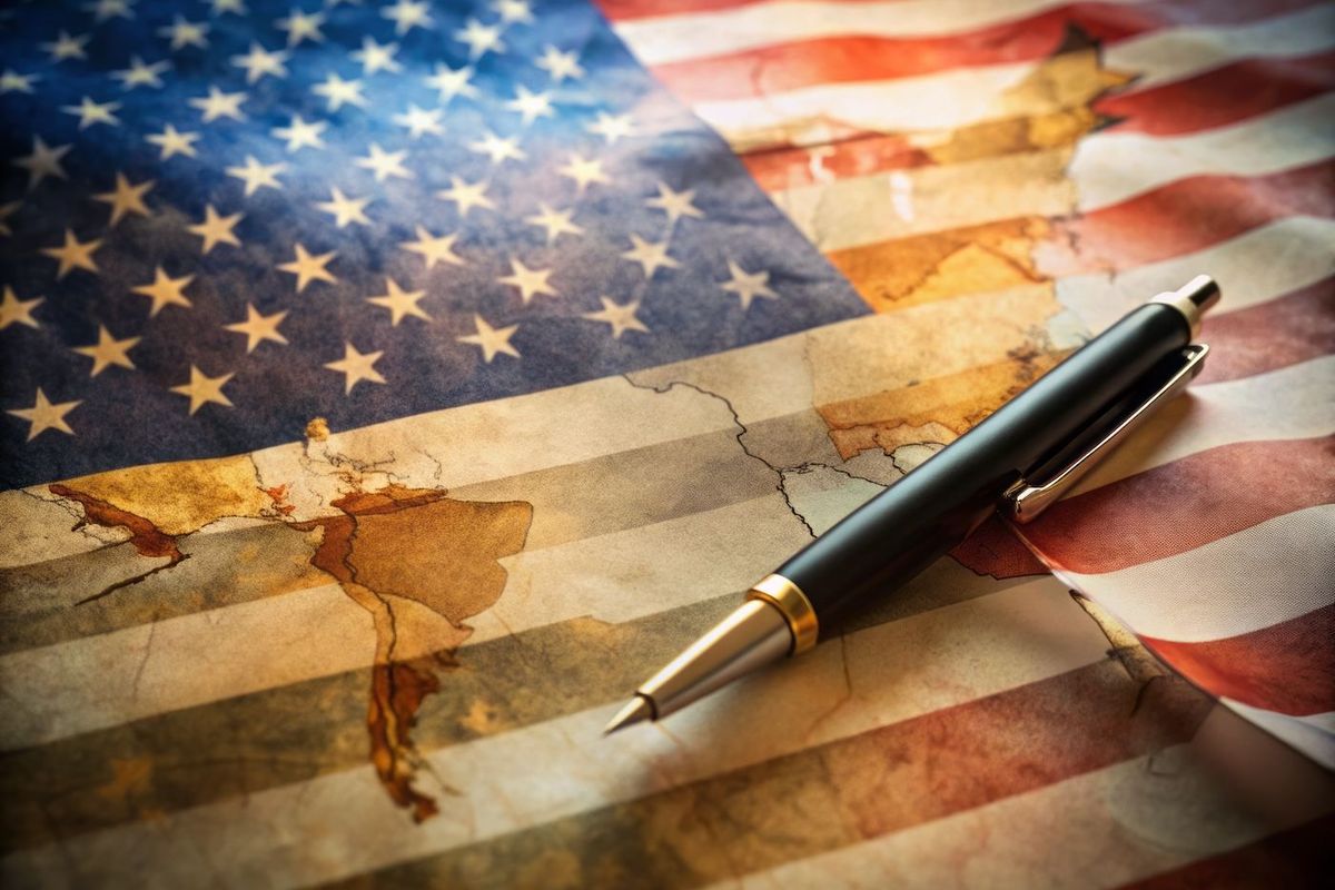 Pen on an American flag with a map overlay of North and South America.