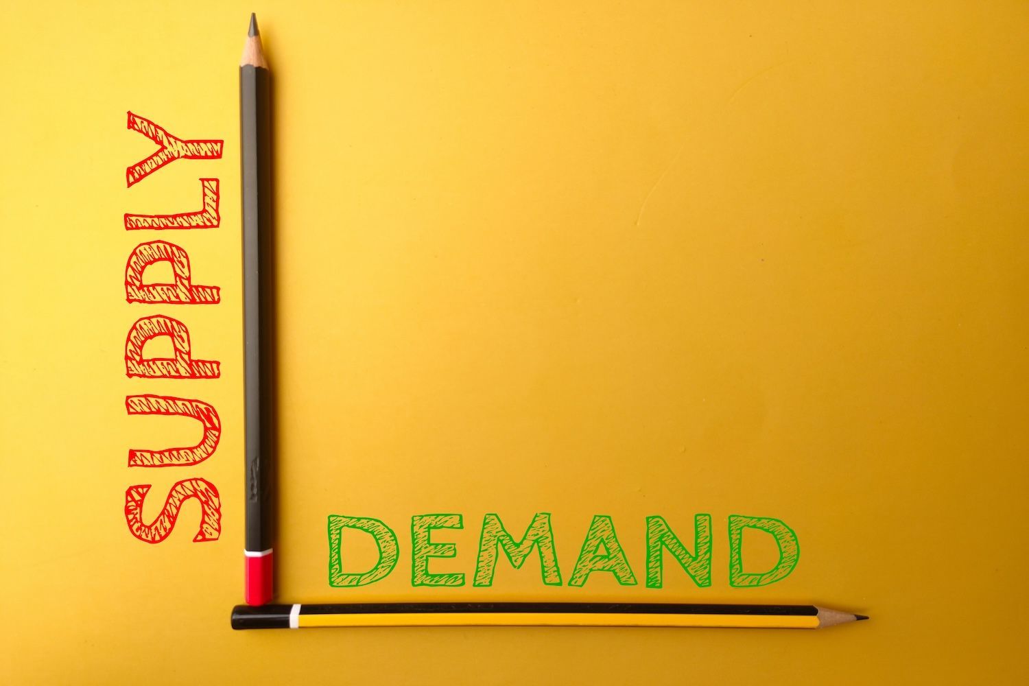 Pencils forming an L shape with "supply" and "demand" on yellow background.