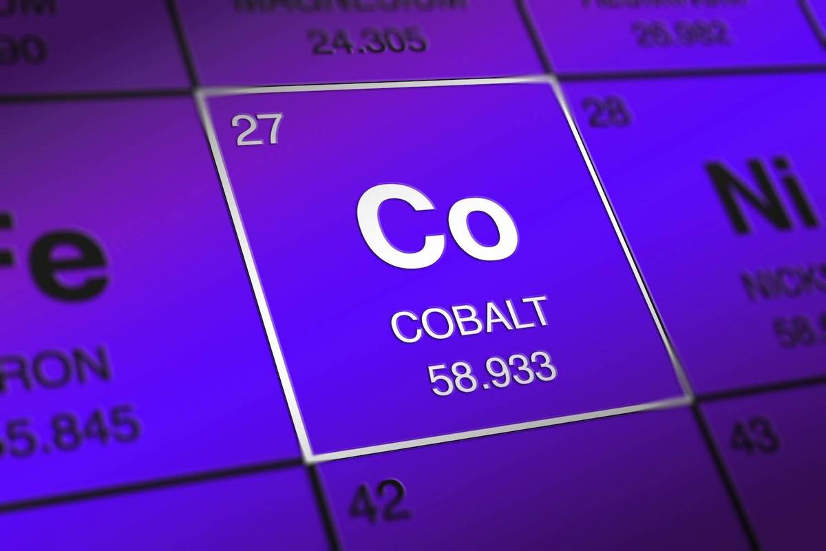 Periodic table closeup with cobalt highlighted in purple.