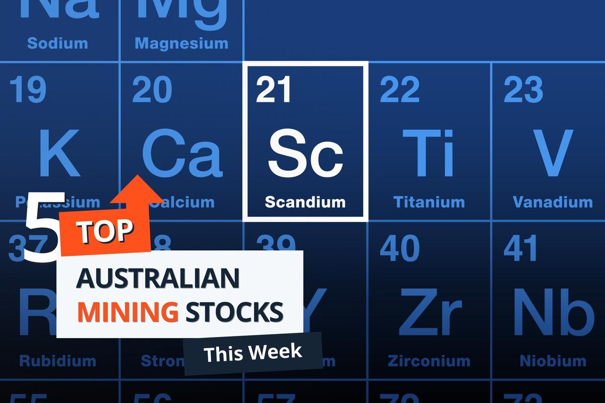 Periodic table highlighting scandium; text reads "Top 5 Australian Mining Stocks This Week."
