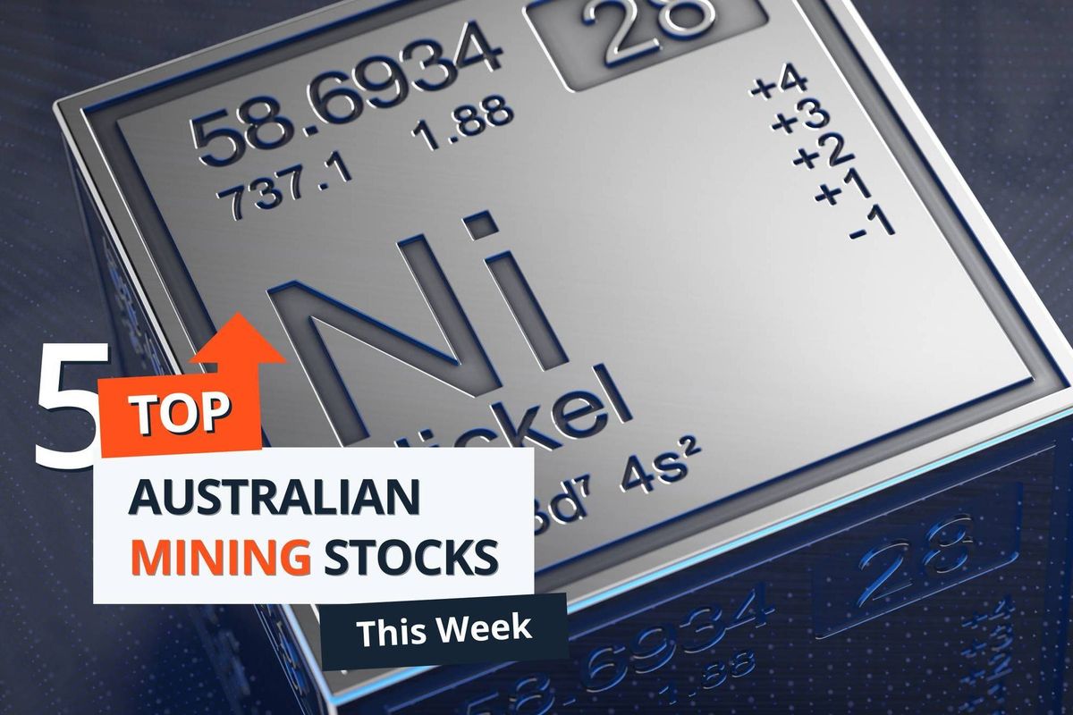 Periodic table nickel symbol with "Top 5 Australian Mining Stocks This Week" text overlay.