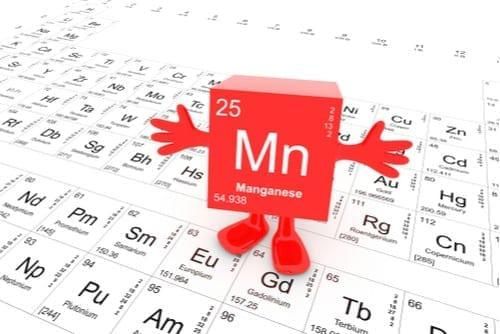 periodic table of elements with a red manganese square standing on top of the table