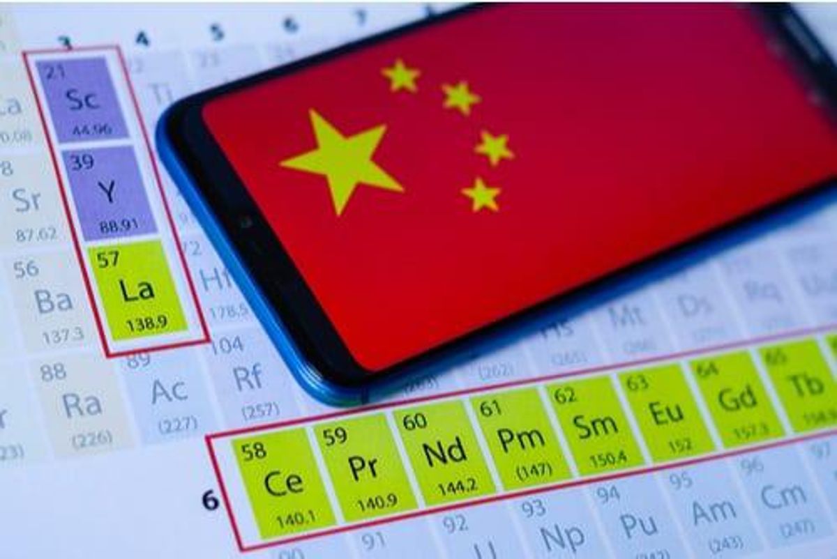 periodic table showing rare earths with cell phone showing chinese flag