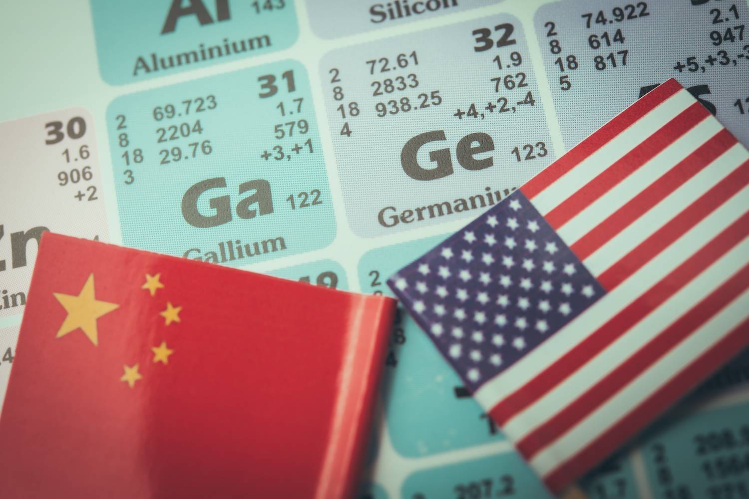 Periodic table with China and US flags near gallium and germanium.