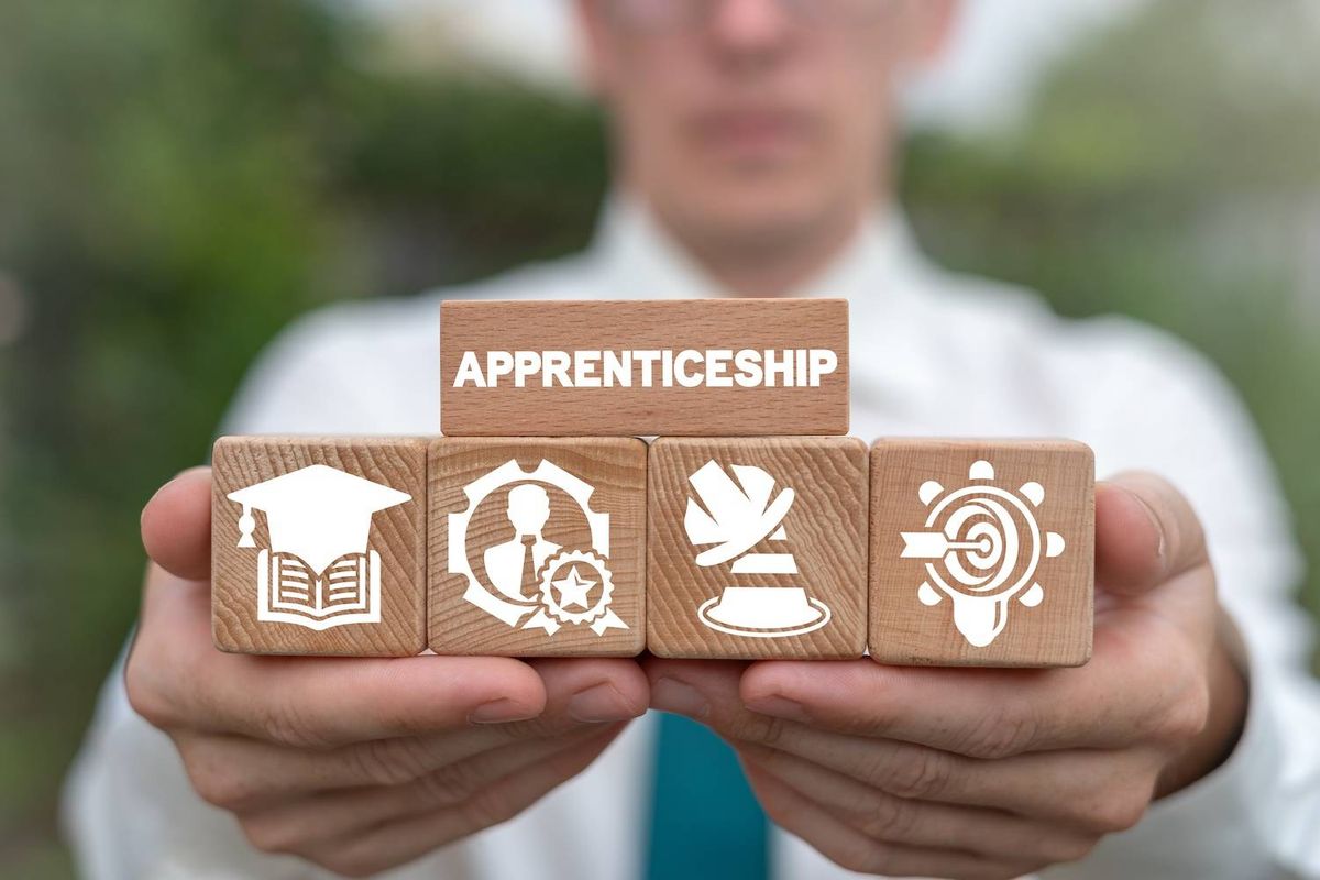 Person holding blocks with "apprenticeship" and symbols for learning, skills, and goals.