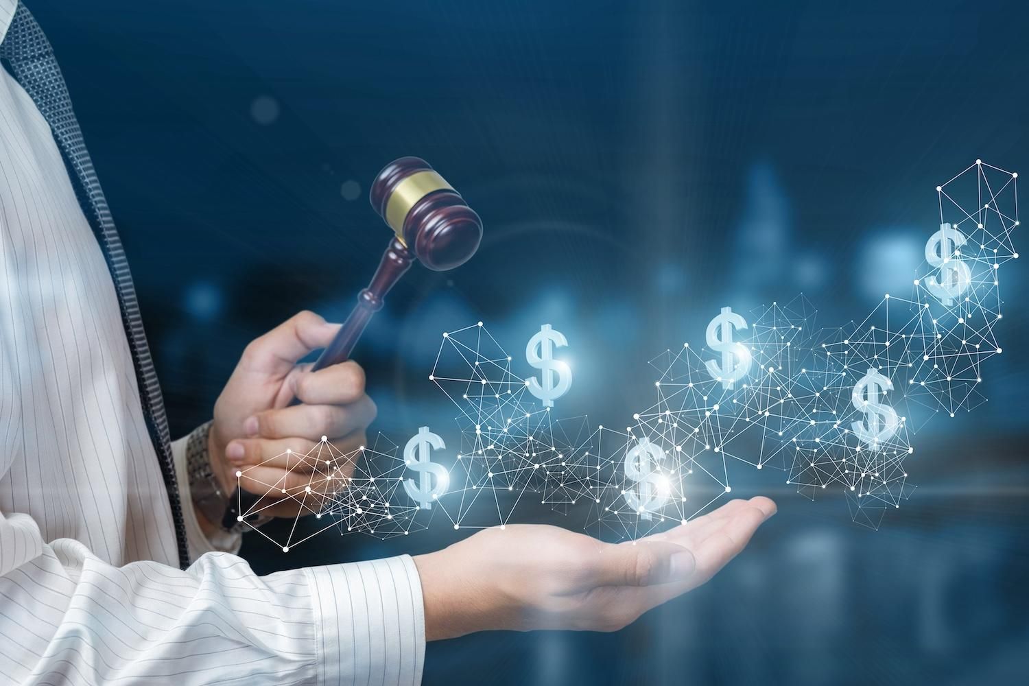 Person holding gavel and digital dollar symbols, symbolizing financial decision making.