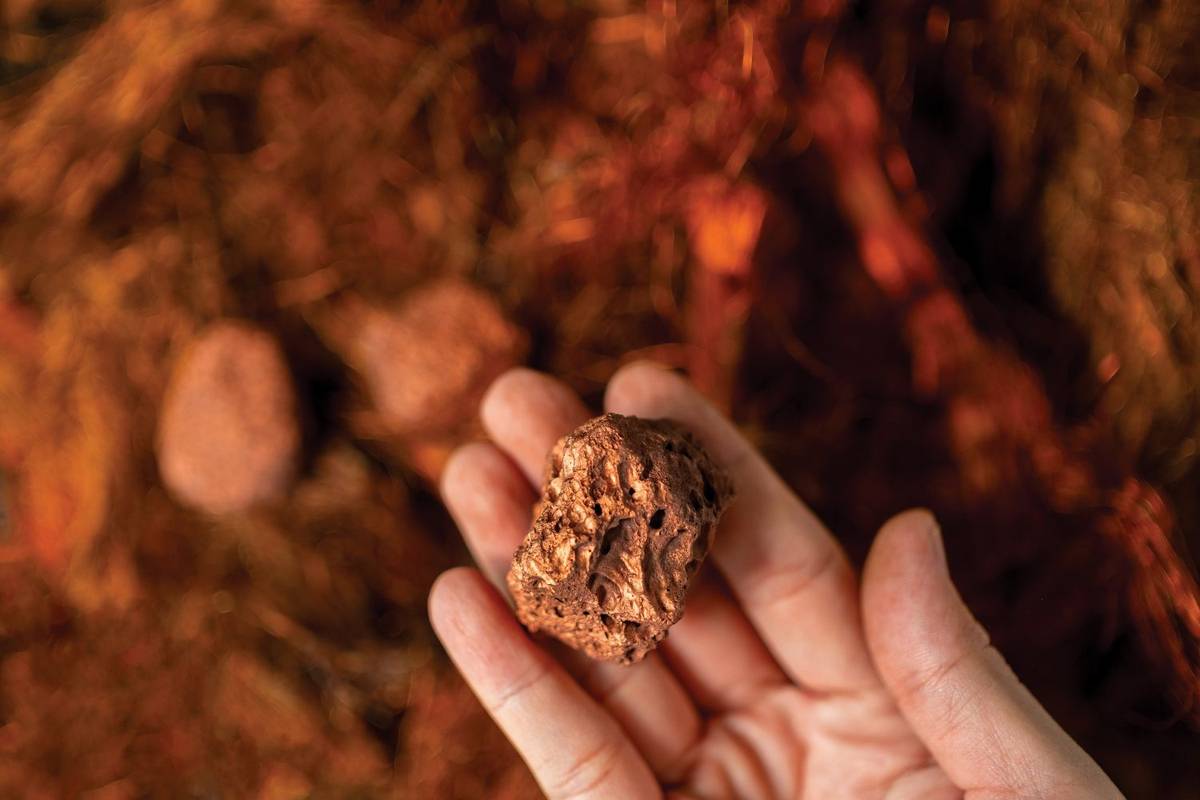 Person holds piece of copper metal ore above a blurry copper-colored background.