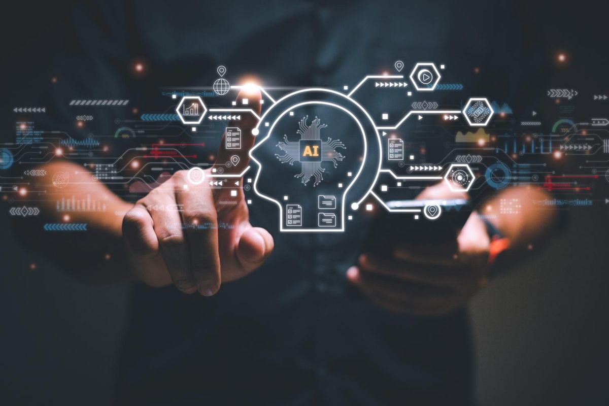 Person interacting with AI hologram, showing digital interface and technology symbols.