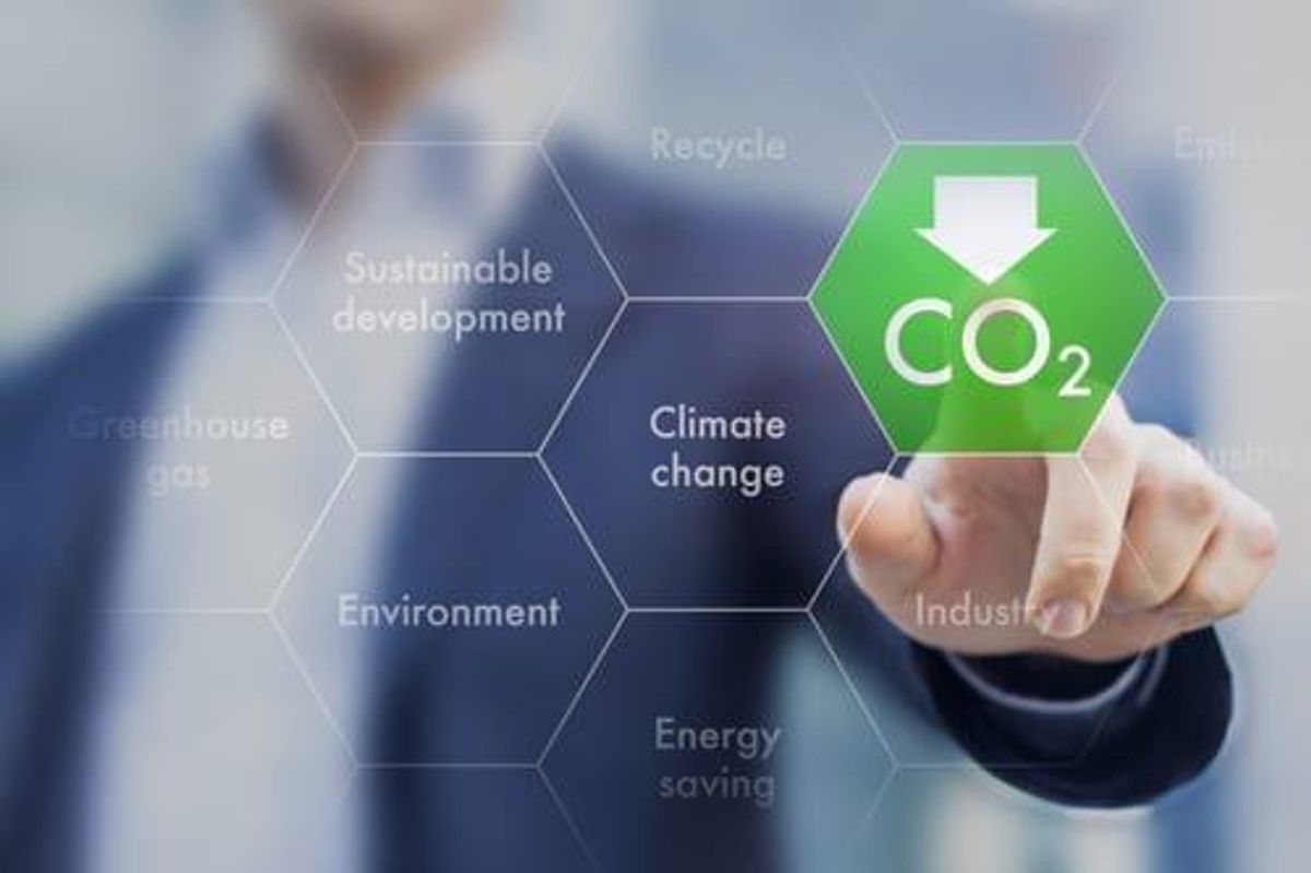 person pointing at a hexagon that says "CO2"