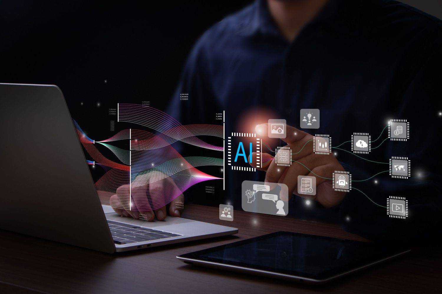 Person using laptop with generative AI, ChatGPT and other symbols floating between them.