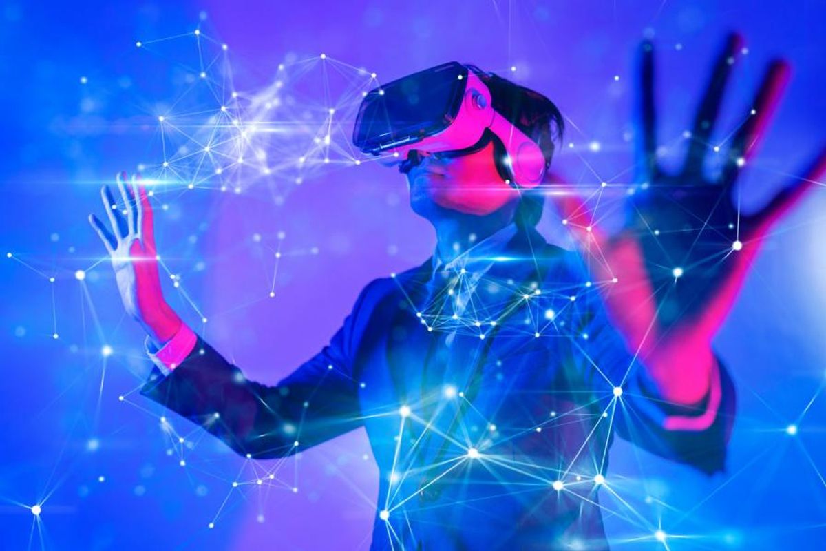 person using metaverse VR goggles for AR game