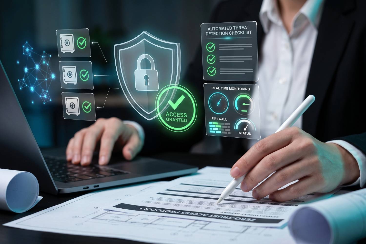 Person working on a laptop with holographic security icons.