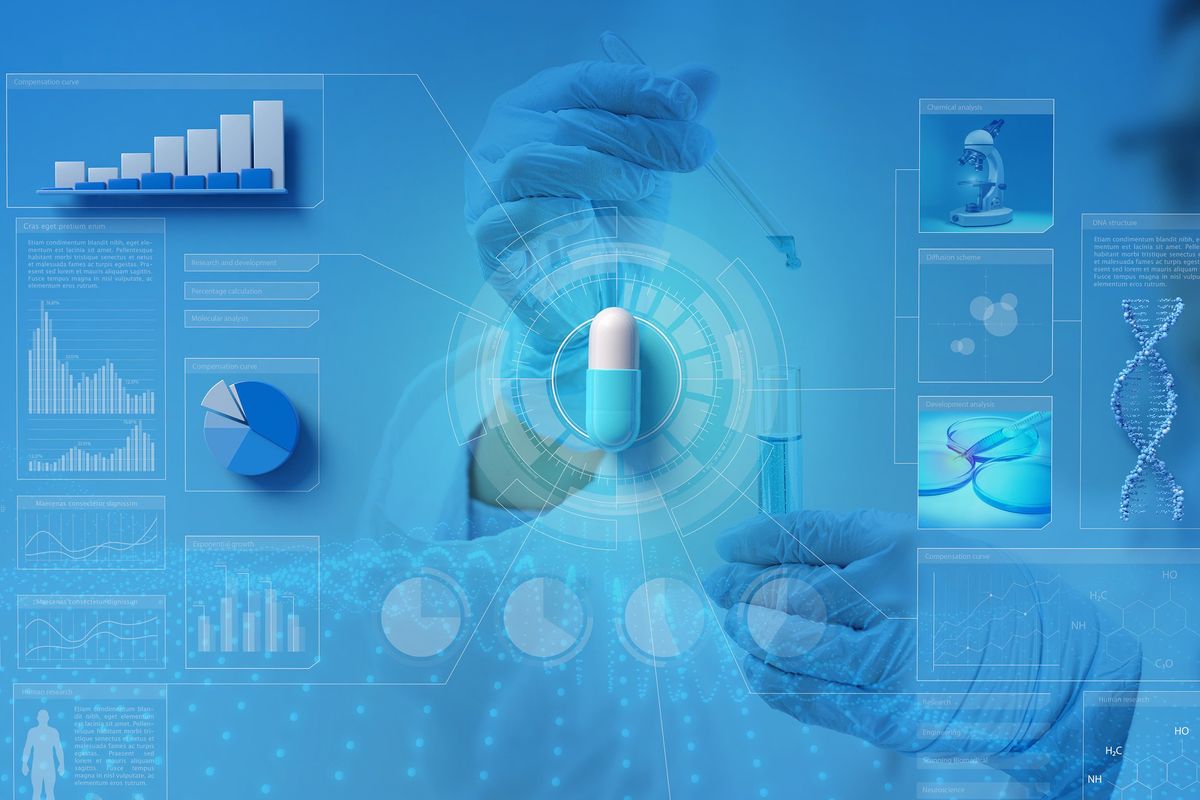 pharmaceutical pill over graphics of data and hands holding a test tube