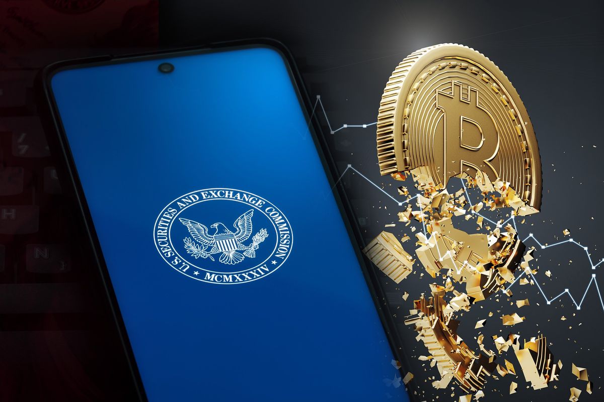 phone screen with SEC logo over image of shattered bitcoin
