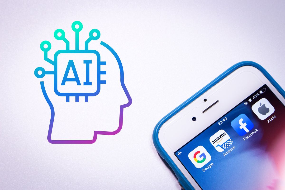Phone showing apps and illustration of human head and AI chip.
