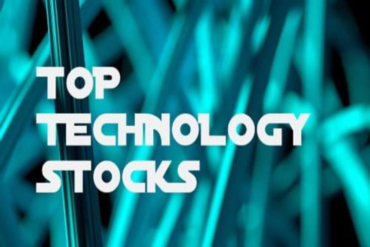 Phrase "top technology stocks" on blue background.