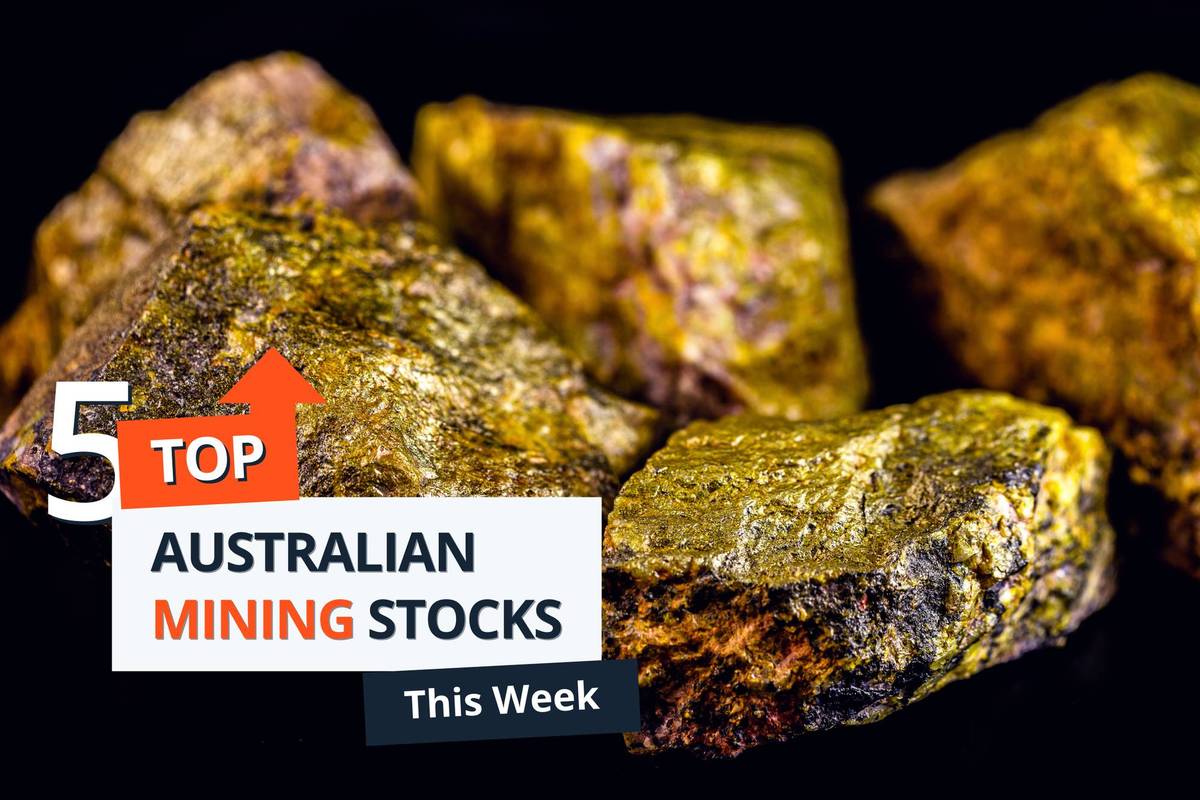 Pieces of ore with yellow representing uranium on black surface; graphic reads "5 top Australian Mining Stocks This Week."