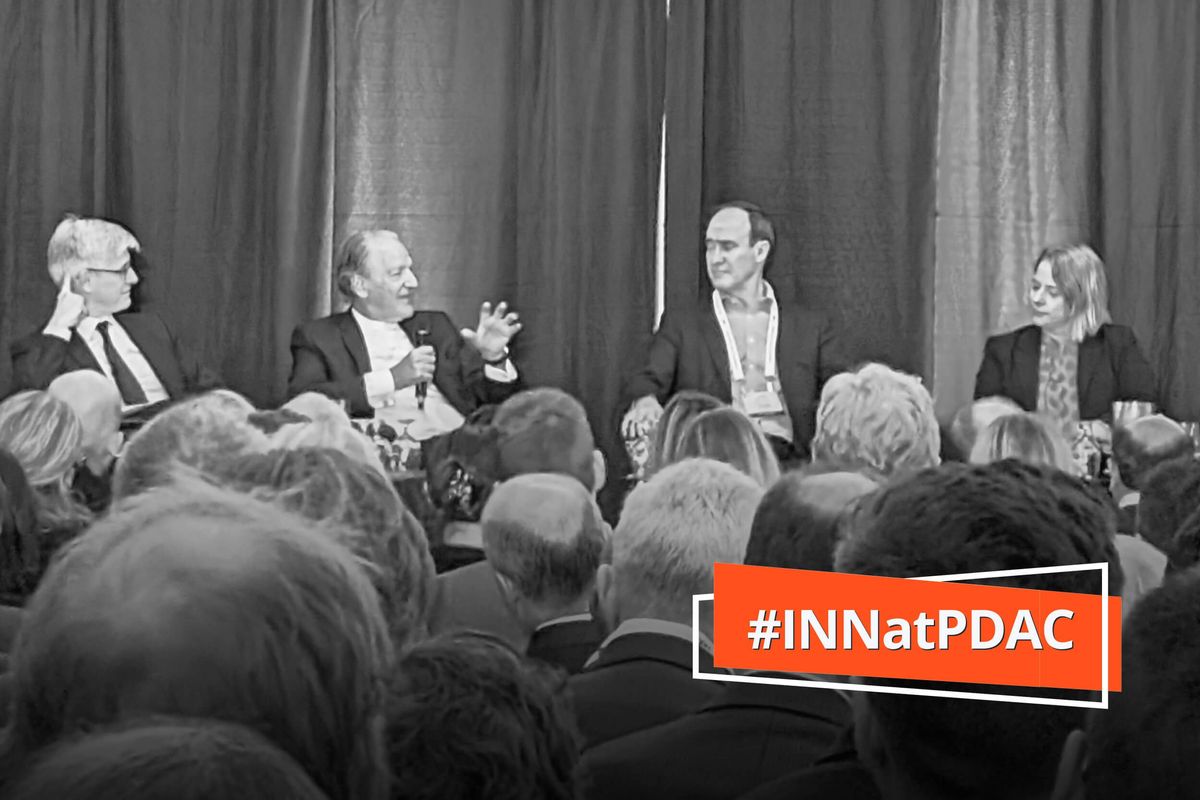 Pierre Lassonde, John MacKenzie and Jacqueline Murray on stage at PDAC 2024.