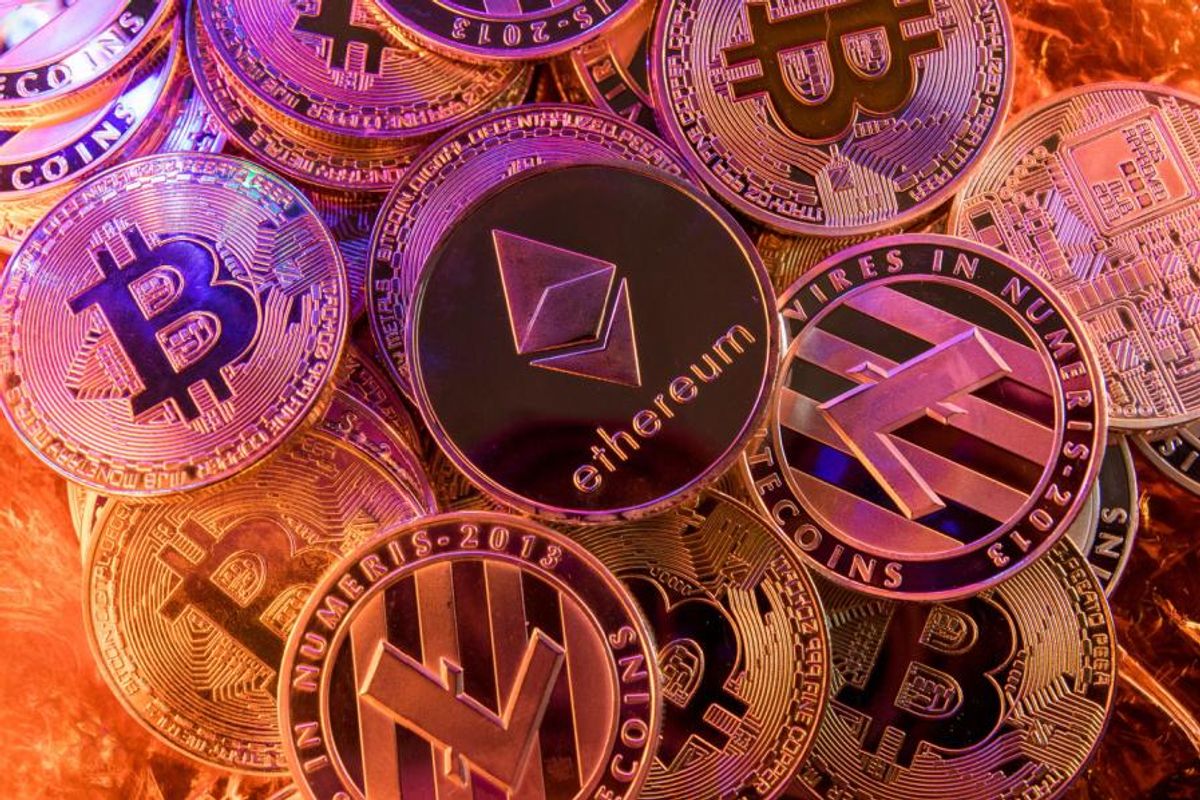 Pile of cryptocurrencies, including Bitcoin, Ethereum and litecoin.
