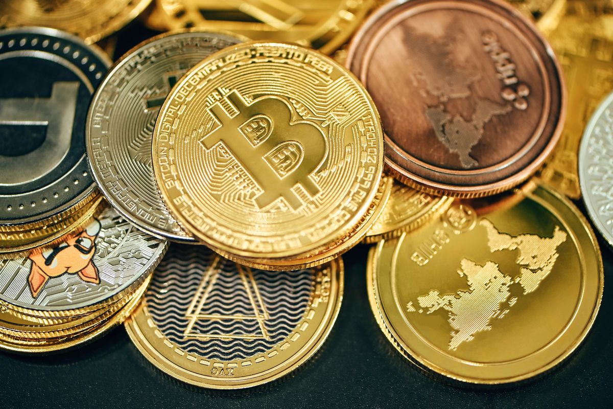 Pile of cryptocurrency coins.