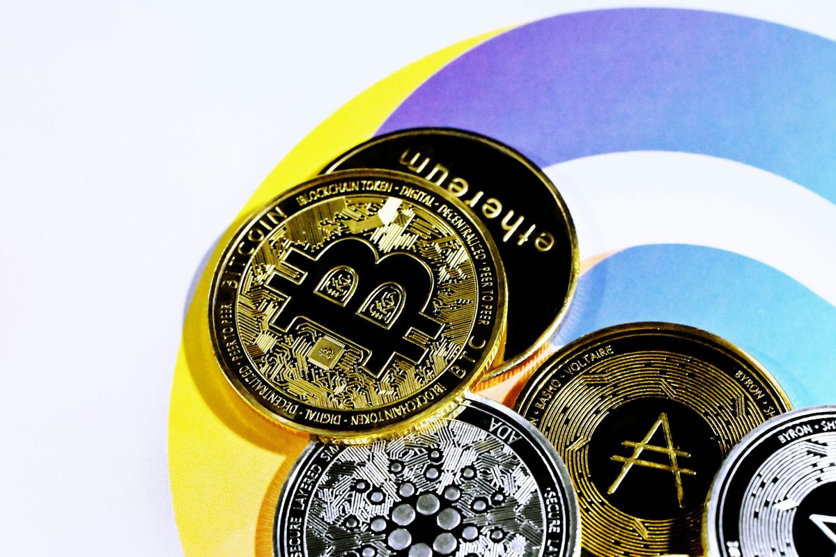Pile of cryptocurrency coins.