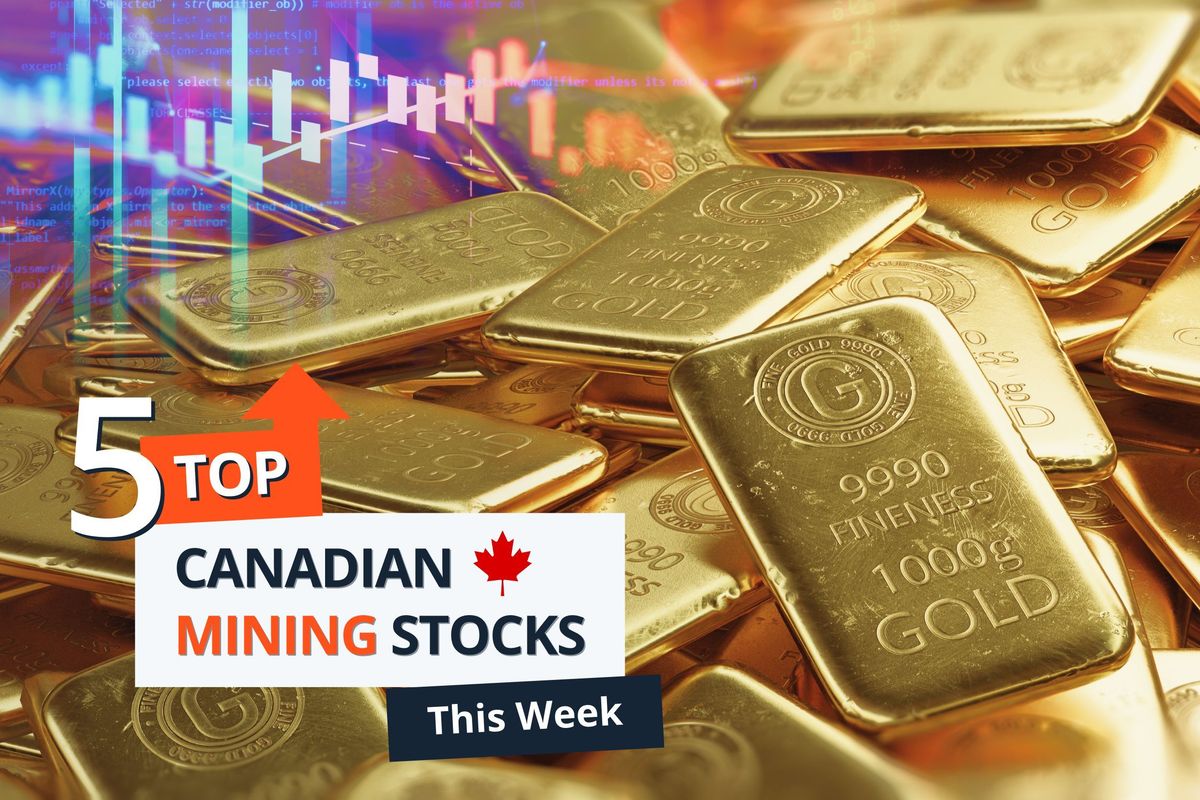 Pile of gold bars with stock charts in the corner. Text reads "5 Top Canadian Mining Stocks This Week."