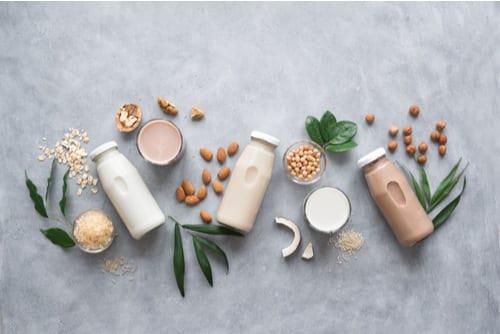 plants, grains, nuts, coconut and bottles of milk on a counter