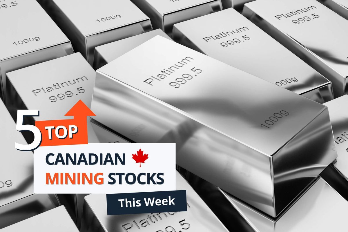 Platinum metal 1,000 gram bars in a grid with the words "5 Top Canadian Mining Stocks This Week."