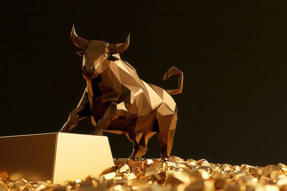 Polygonal gold bull statue stands on pile of gold bars against dark background.