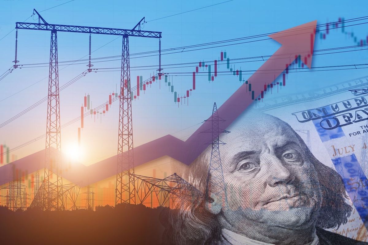 Power lines, stock chart and money symbolizing energy market growth.