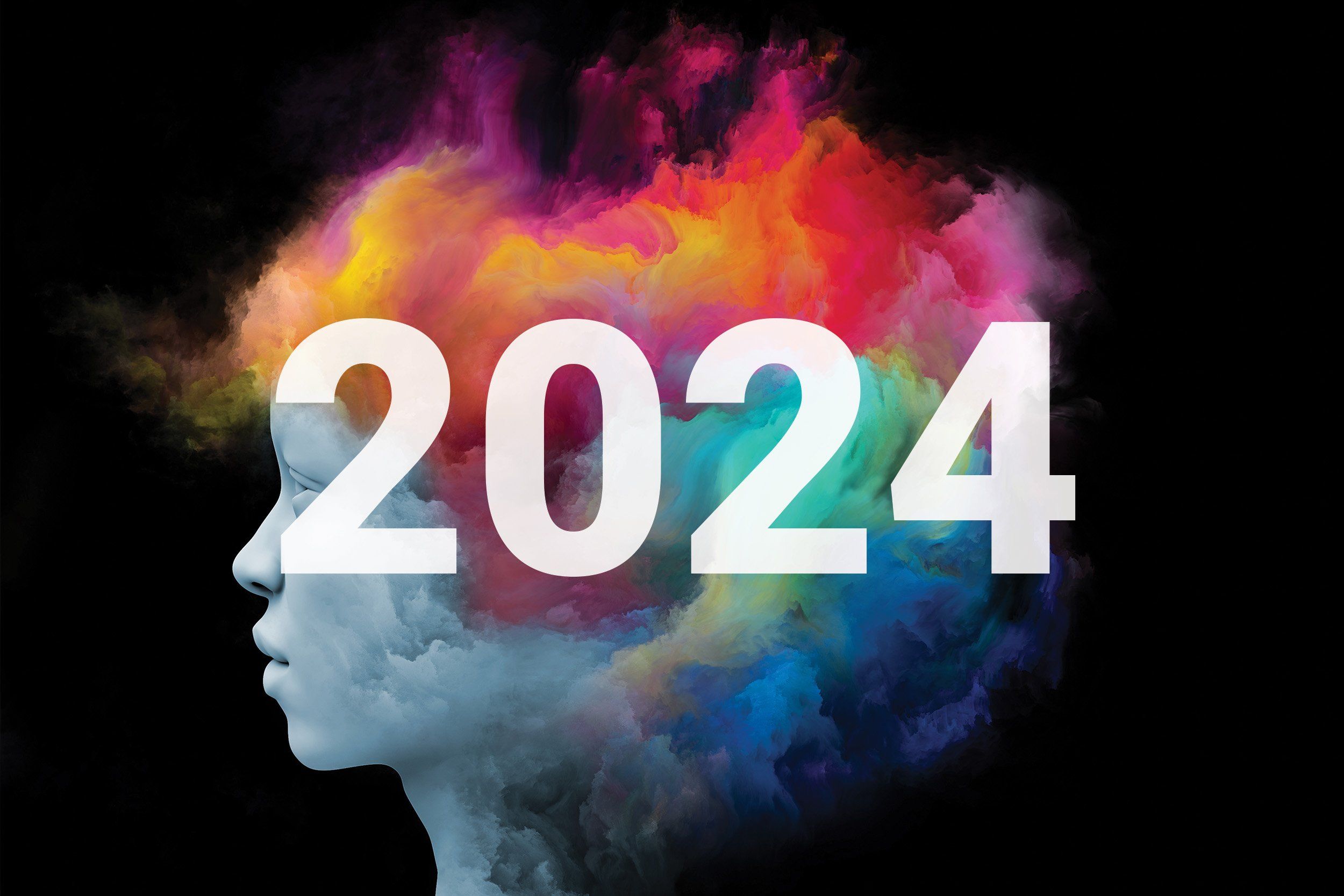 Profile of woman in midst of psychedelic treatment with "2024" overlay. 