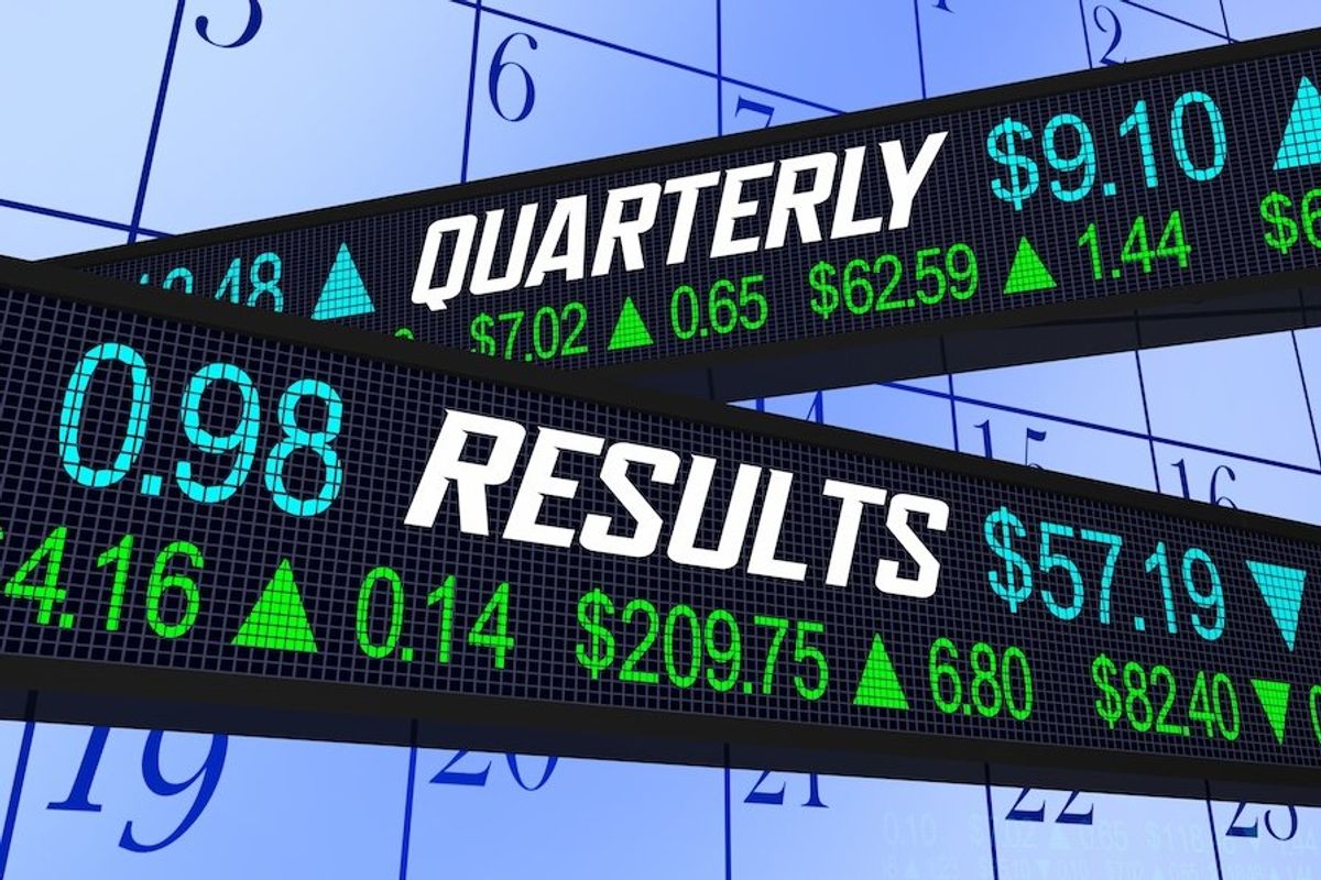 "Quarterly results" written on stock board.