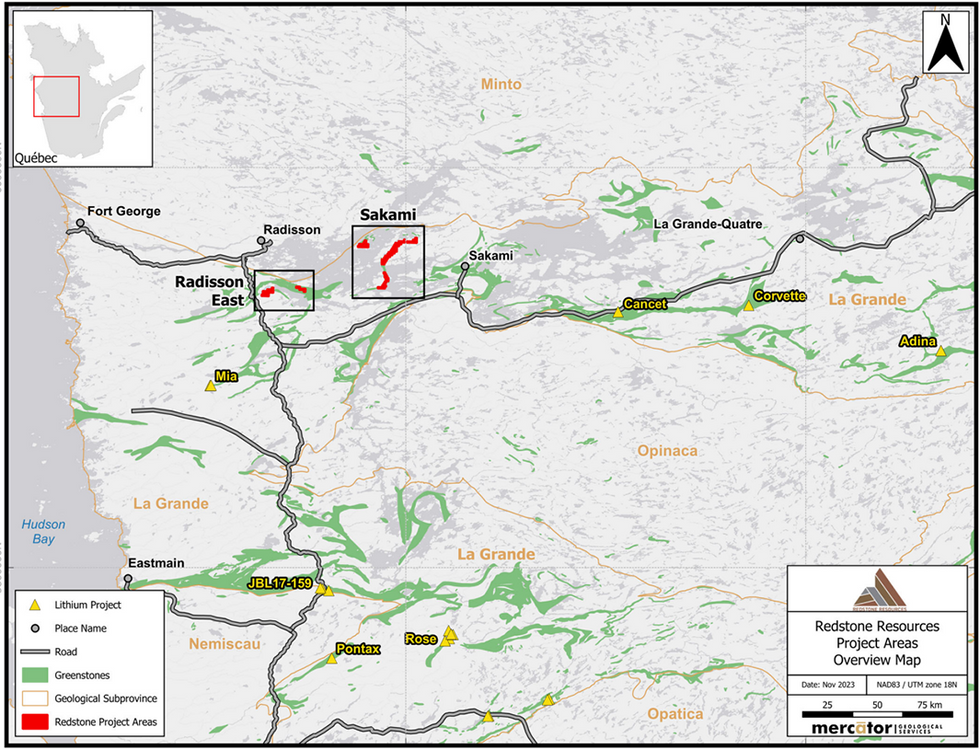 Radisson East and Sakami Lithium Project location map