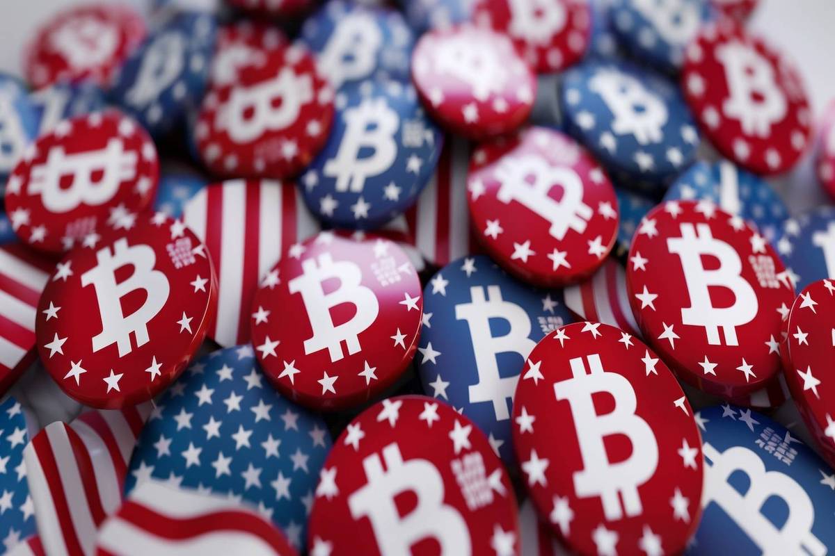 Red and blue buttons with Bitcoin symbols and American flag designs scattered randomly.