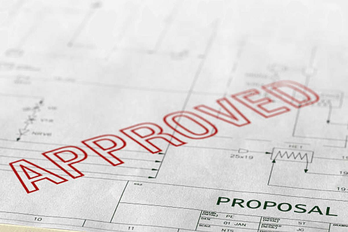 Red "approved" stamp over architectural proposal with technical drawings.