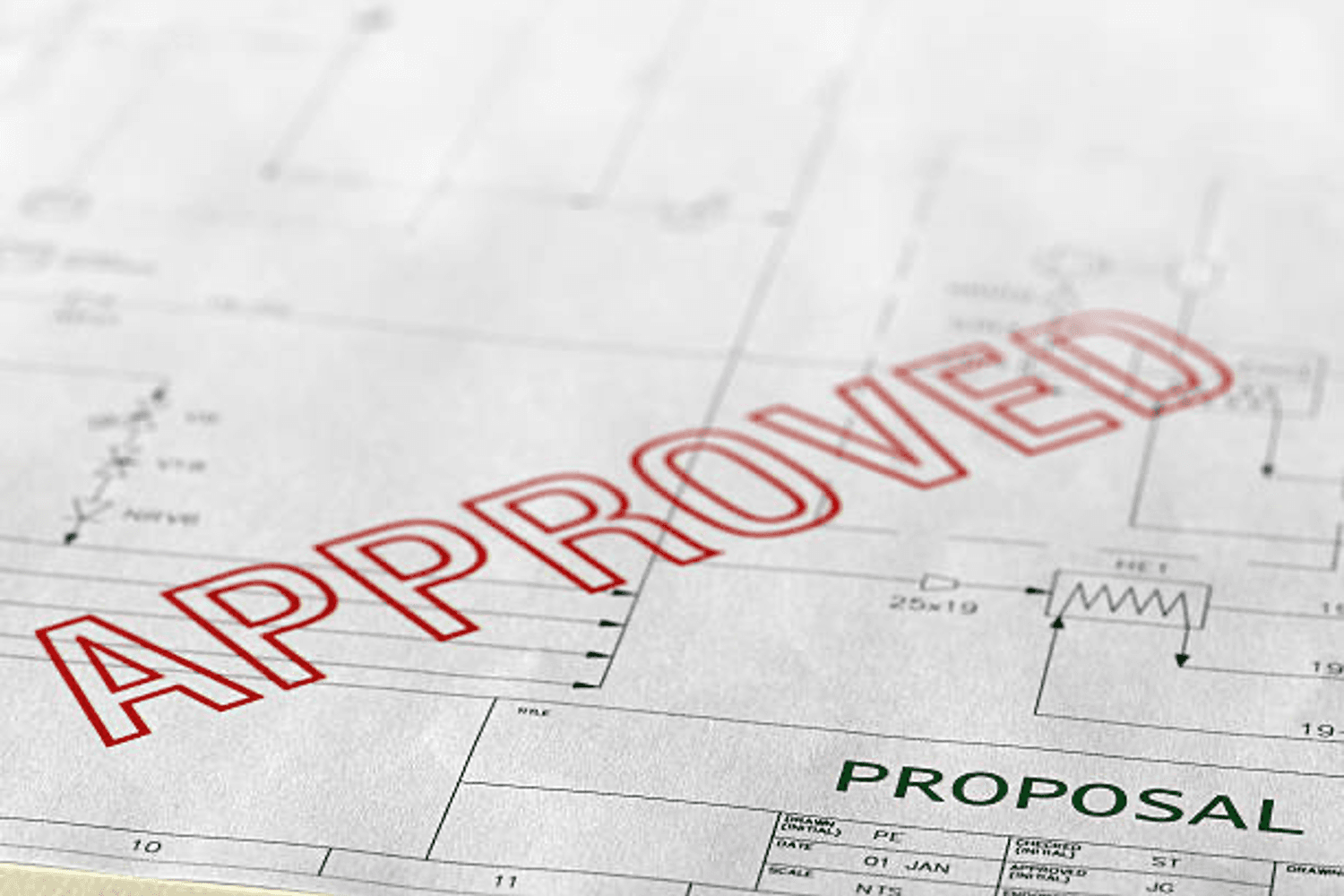 Red "approved" stamp over architectural proposal with technical drawings.