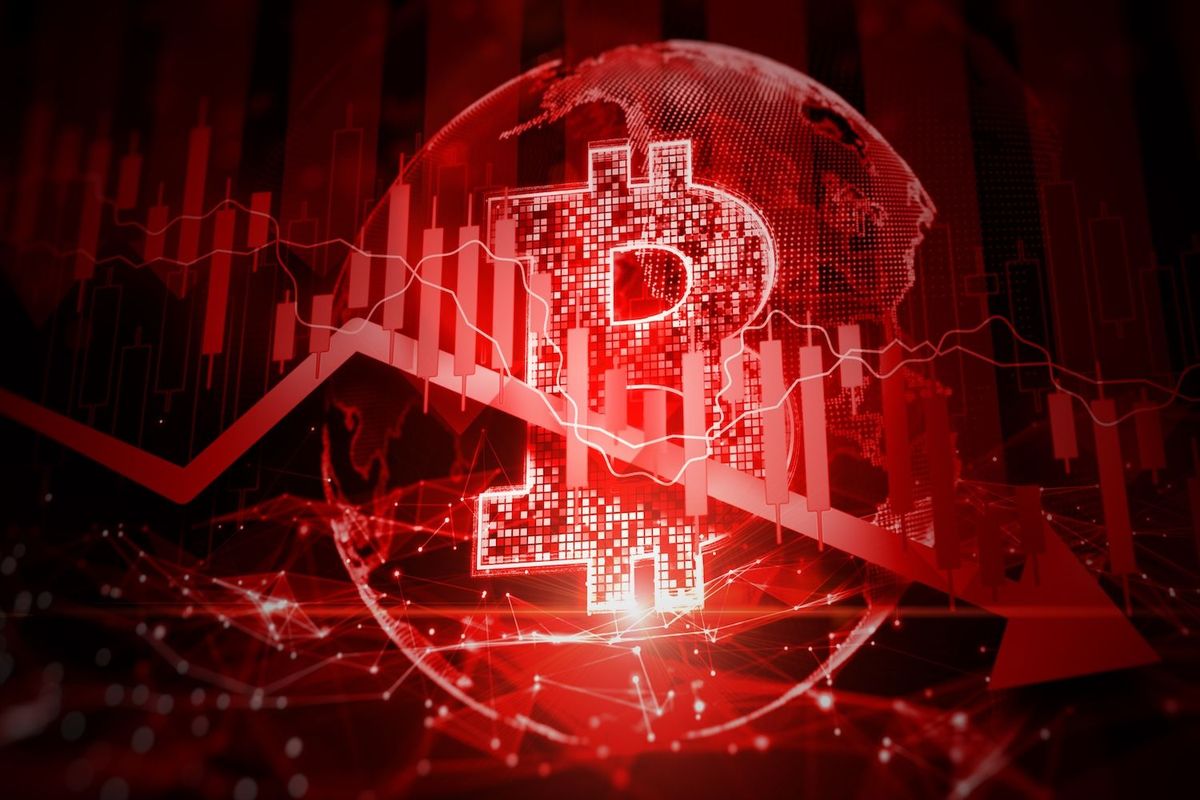 Red Bitcoin symbol with a declining chart and globe backdrop.