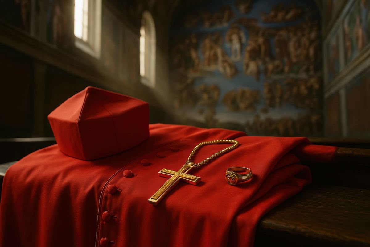 Red cardinal attire with gold cross and ring on a church pew, mural in background.